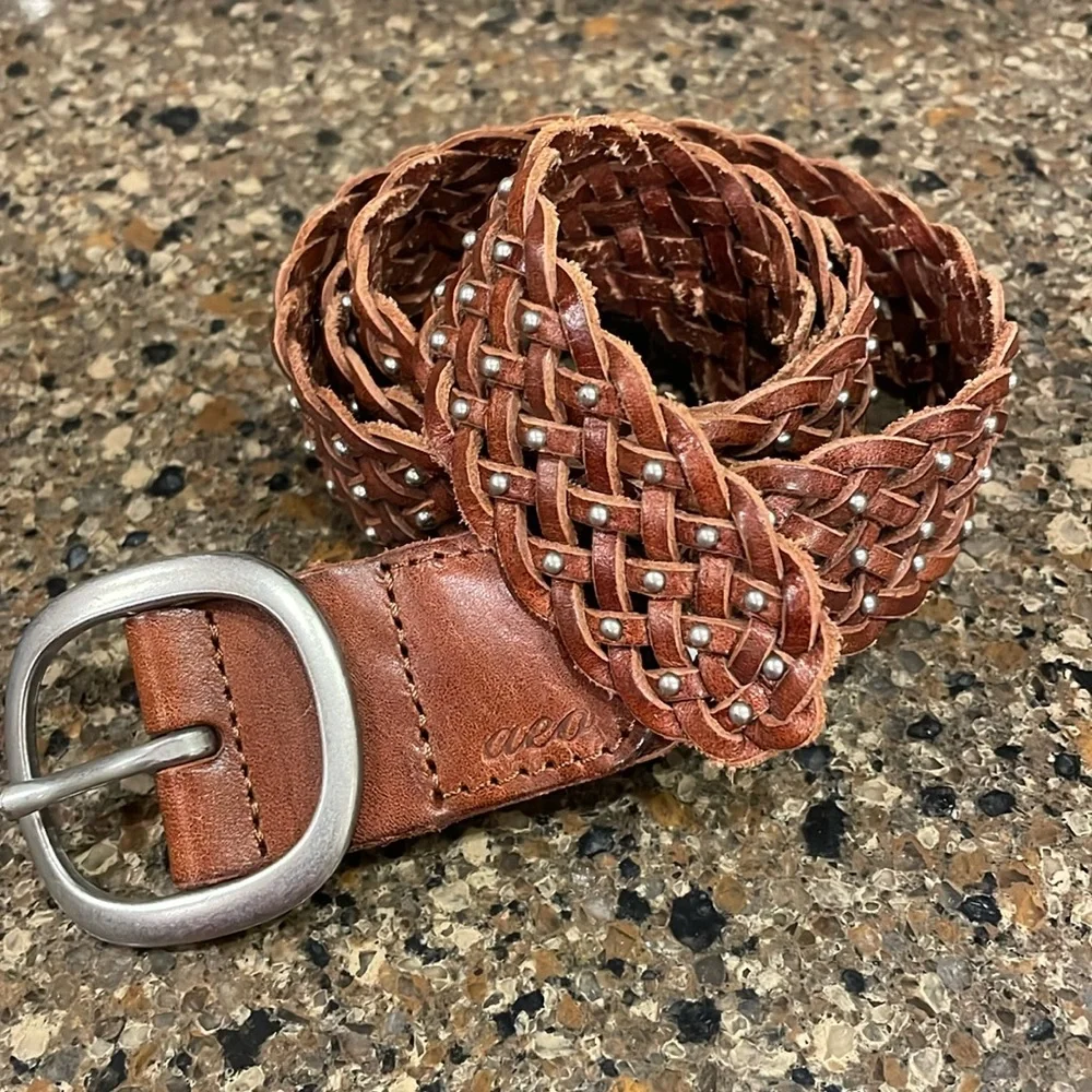 American Eagle Women’s Brown Leather Braided Silver Buckle Studs Belt S M